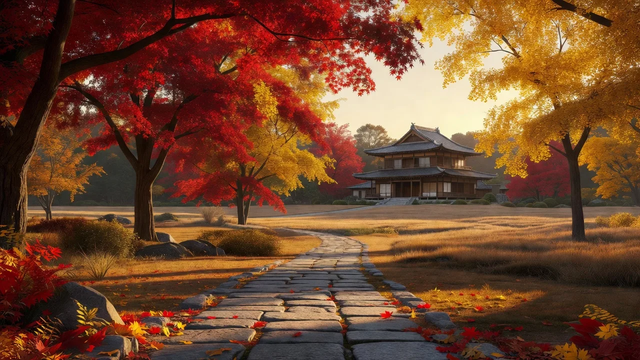 紅葉に染まる田園